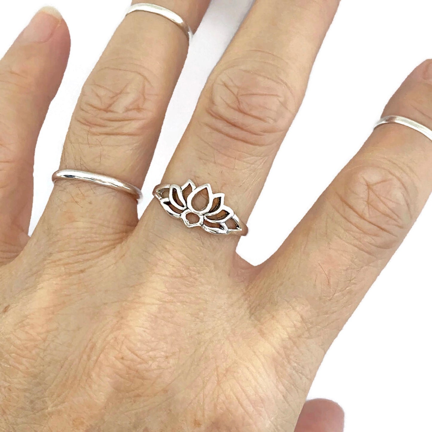 Oxidized Sterling Silver Lotus Flower Ring: Dainty Yoga Jewelry