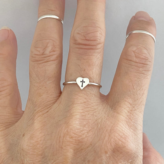 Sterling Silver Dainty Heart Cross Ring: Religious Jewelry