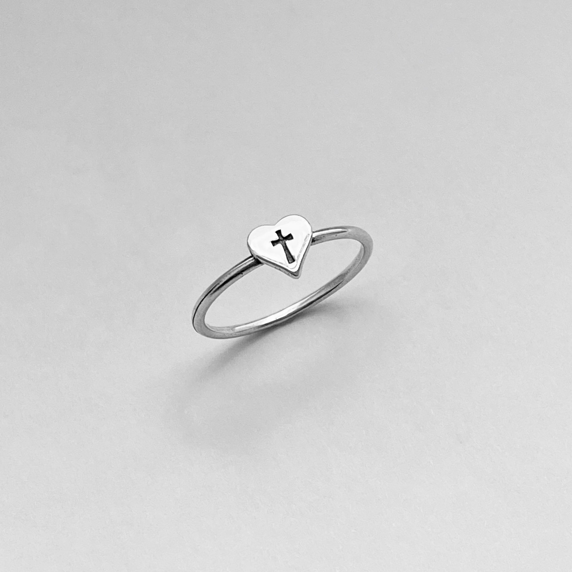 Sterling Silver Dainty Heart Cross Ring, Silver Heart Ring, Love Ring, Dainty Ring, Silver Cross Ring, Statement Ring, Religious Heart Ring