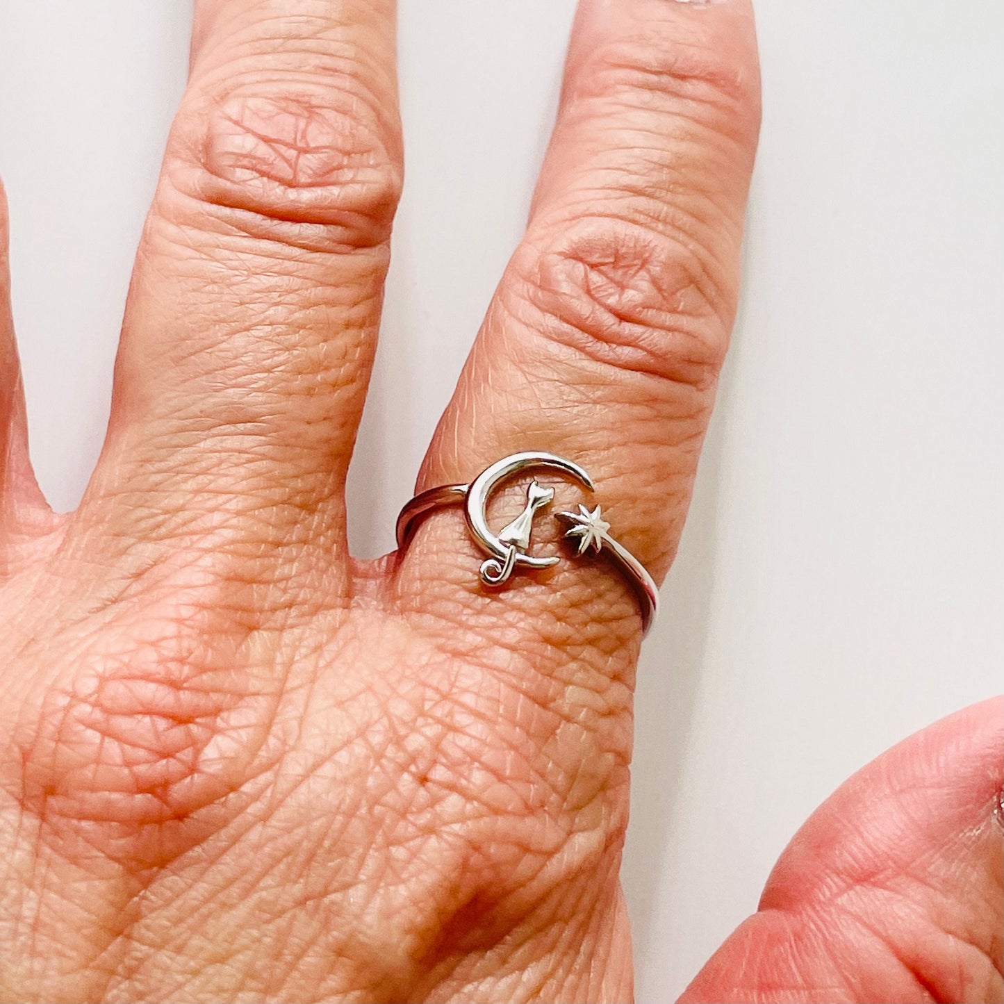 Sterling Silver Cat on Moon Ring: Twinkle Star Crescent Ring