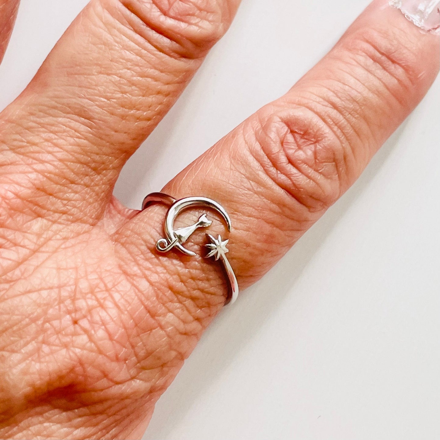 Sterling Silver Cat on Moon Ring: Twinkle Star Crescent Ring