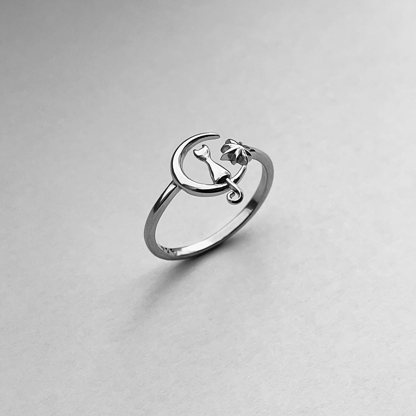 Sterling Silver Cat on Moon Ring: Twinkle Star Crescent Ring