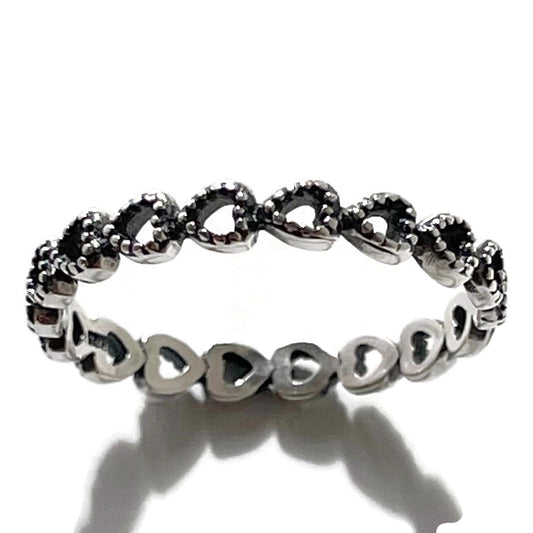Oxidized Sterling Silver Hearts Band Ring: Dainty Stackable Promise Ring