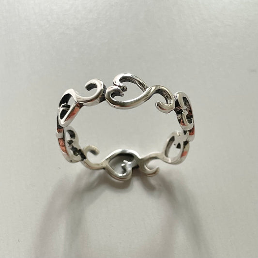 Sterling Silver Sideway Hearts Eternity Ring - Boho Stackable Band