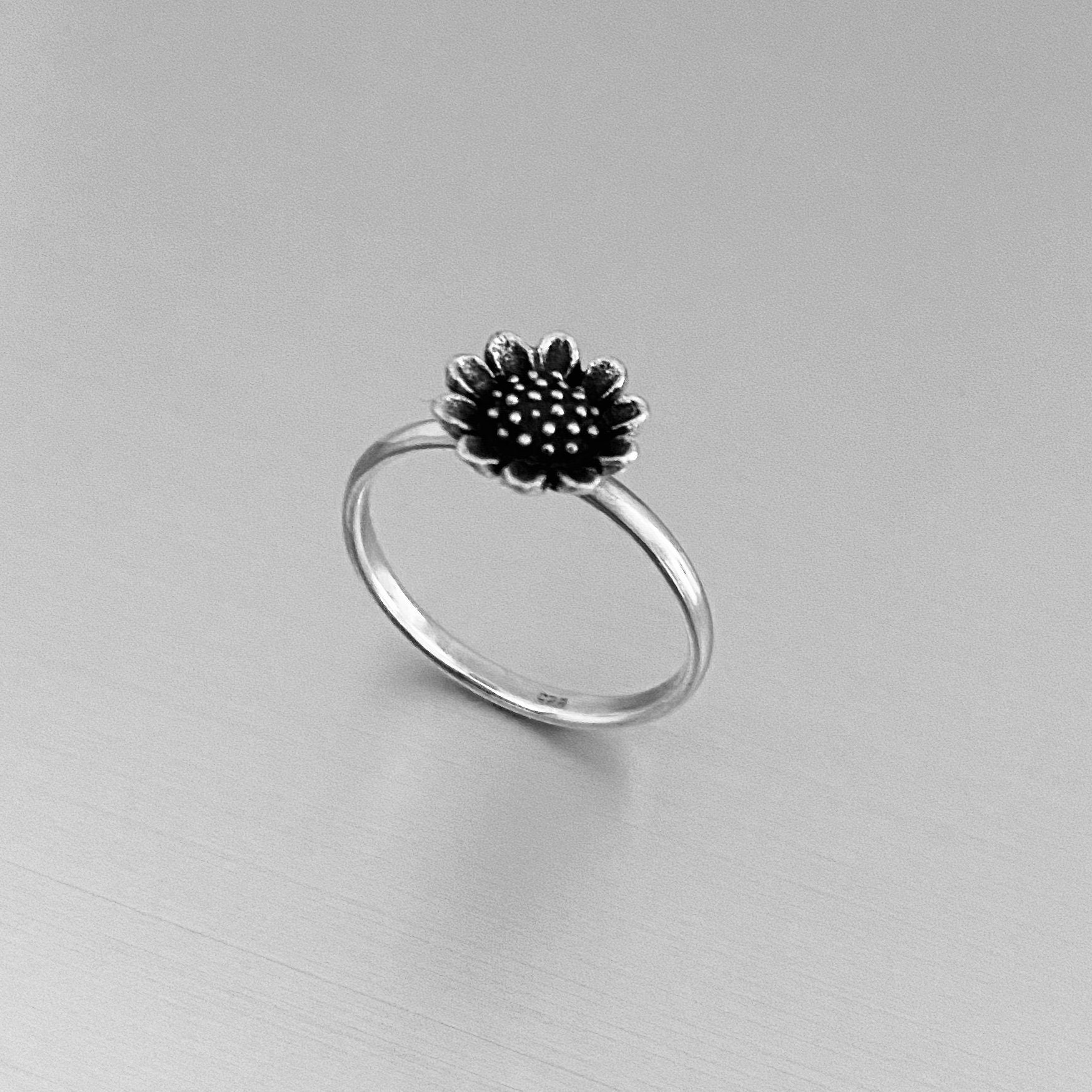 Oxidized Sterling Silver Tiny Sunflower Ring: Boho Flower Jewelry