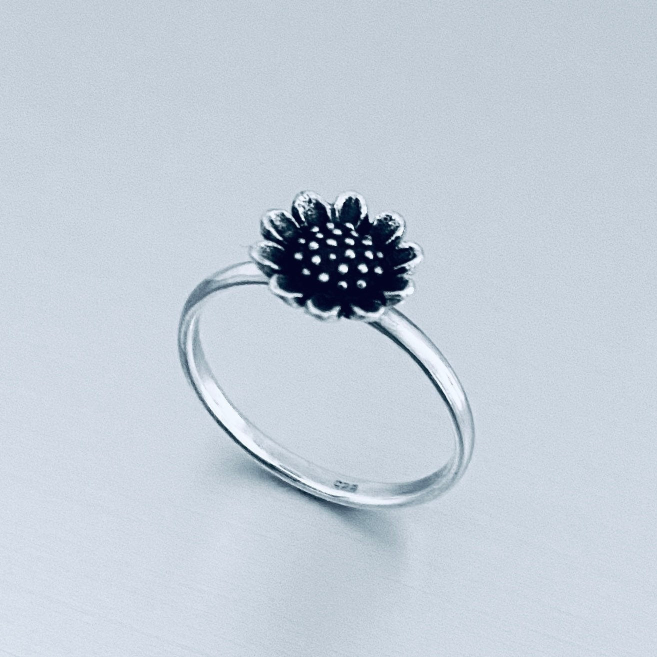 Oxidized Sterling Silver Tiny Sunflower Ring: Boho Flower Jewelry