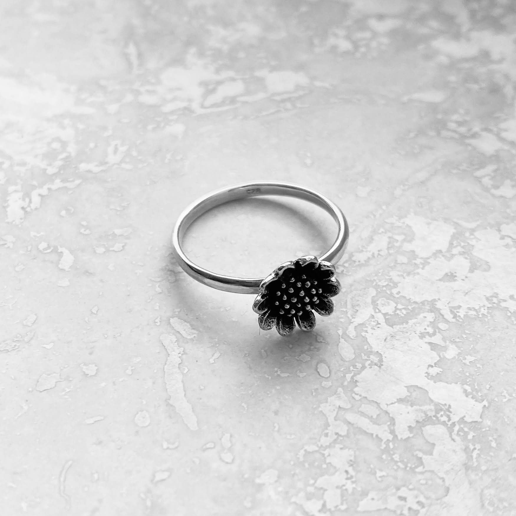 Oxidized Sterling Silver Tiny Sunflower Ring: Boho Flower Jewelry