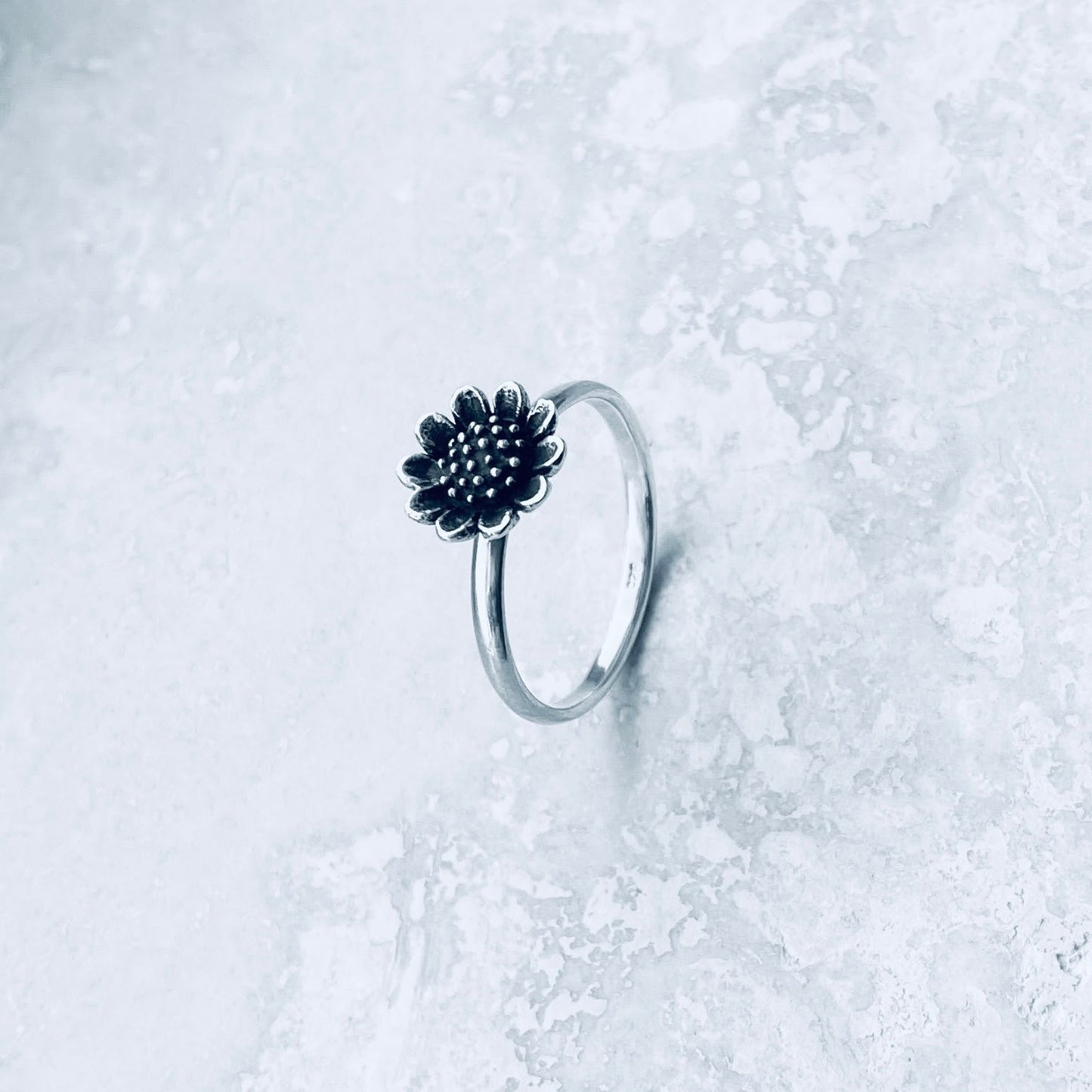 Oxidized Sterling Silver Tiny Sunflower Ring: Boho Flower Jewelry