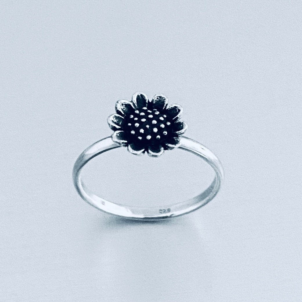 Oxidized Sterling Silver Tiny Sunflower Ring: Boho Flower Jewelry