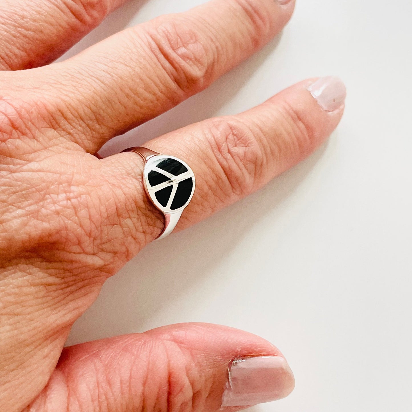 Sterling Silver Black Agate Peace Sign Ring: Boho Hippie Jewelry