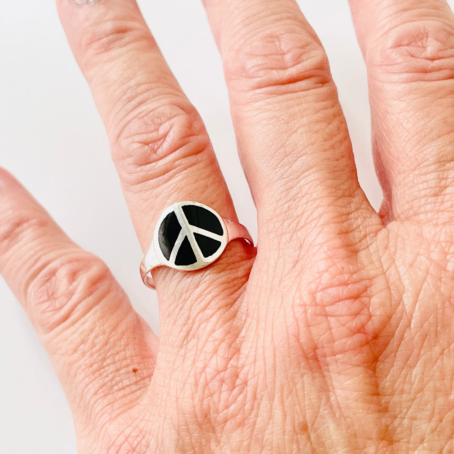 Sterling Silver Black Agate Peace Sign Ring, Silver Hippie Ring, Love Silver Ring, Peace Silver Ring, Silver Black Onyx Ring, Religious Ring