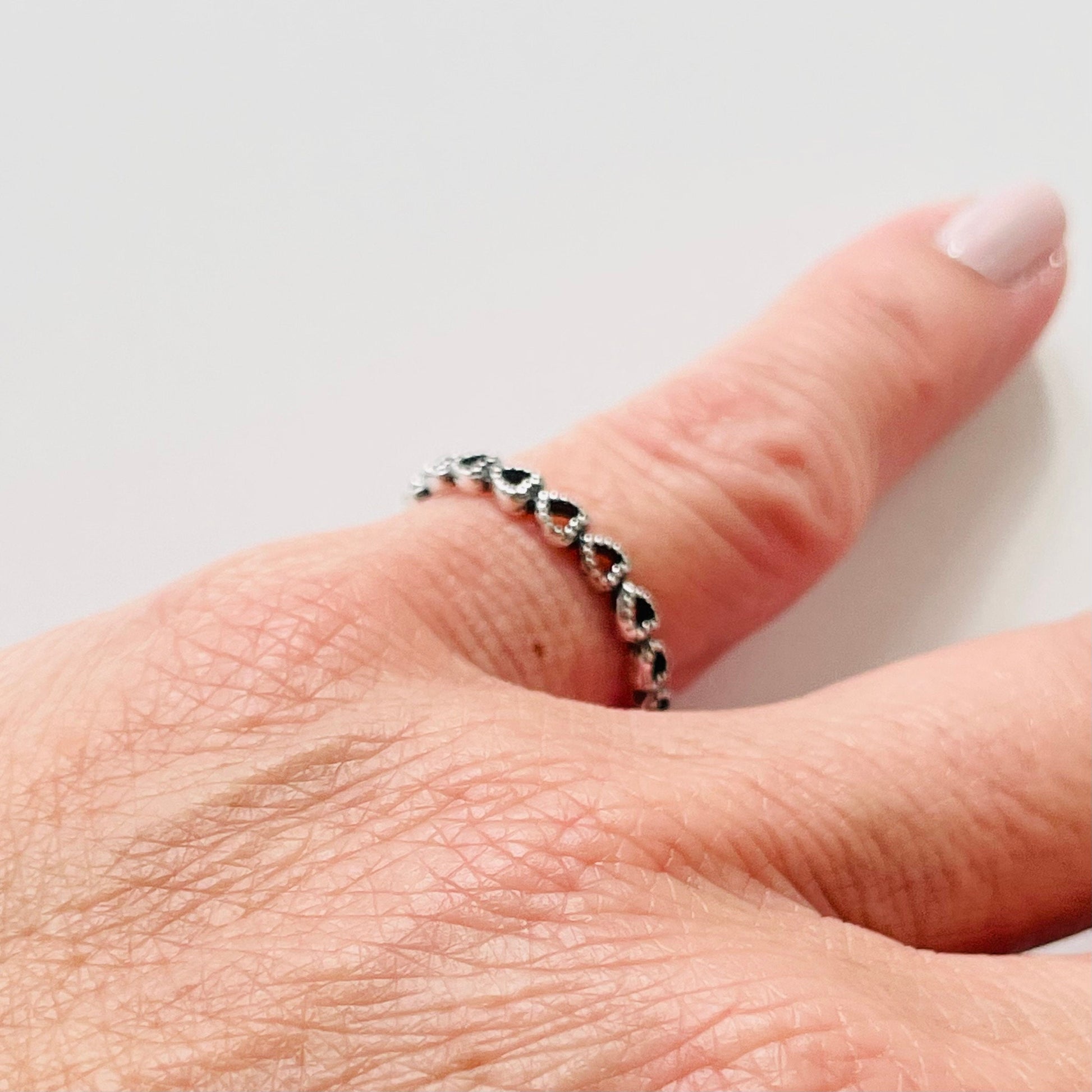 Oxidized Sterling Silver Hearts Band Ring: Dainty Stackable Promise Ring