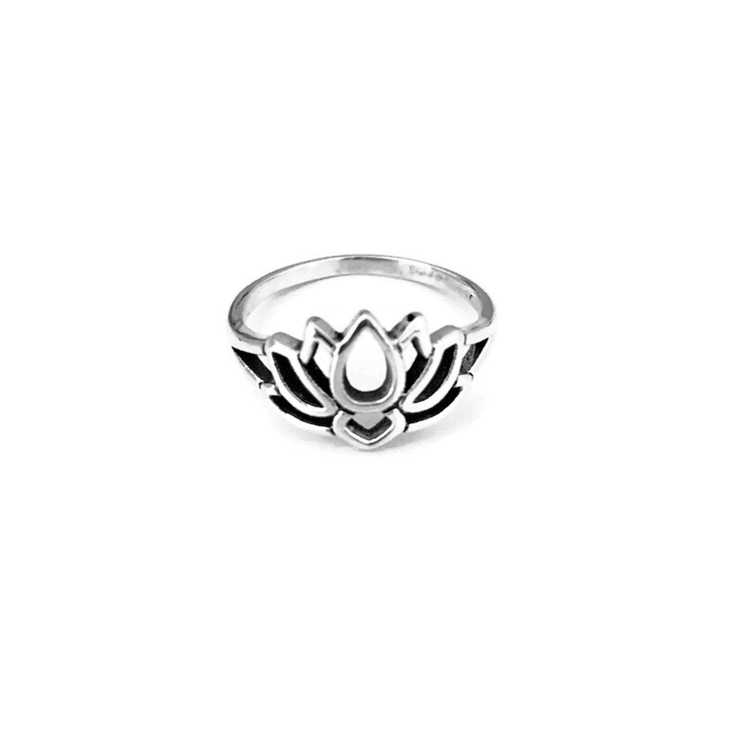 Oxidized Sterling Silver Lotus Flower Ring: Dainty Yoga Jewelry