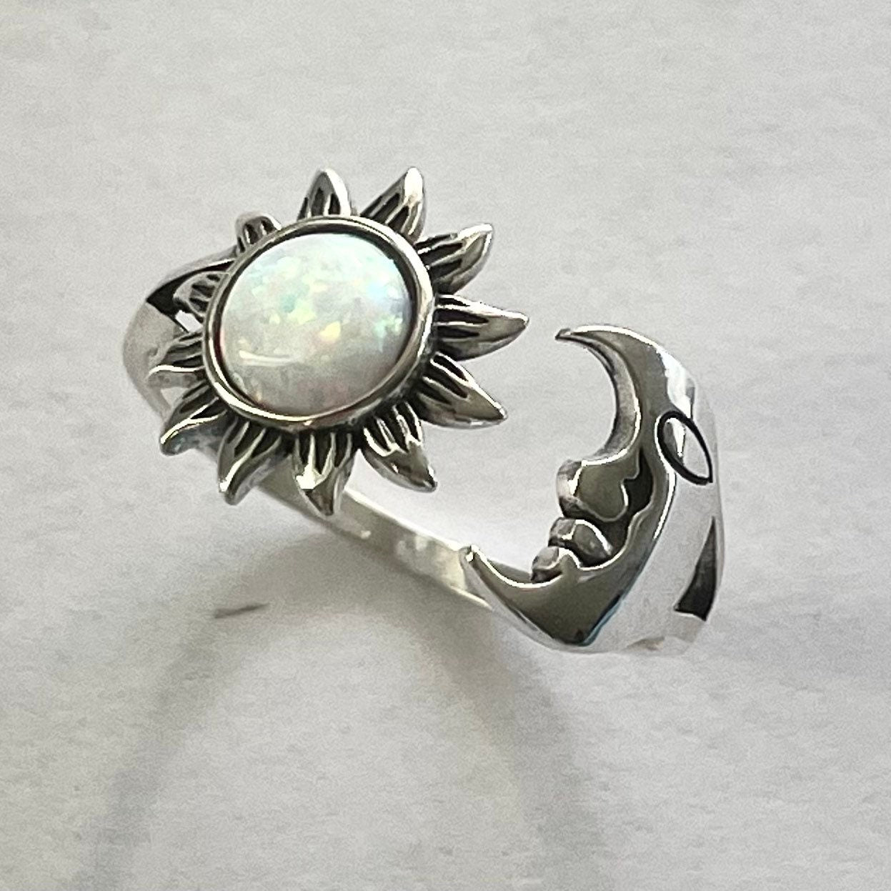 Sterling Silver Sun and Moon Ring: White Lab Opal Celestial Jewelry