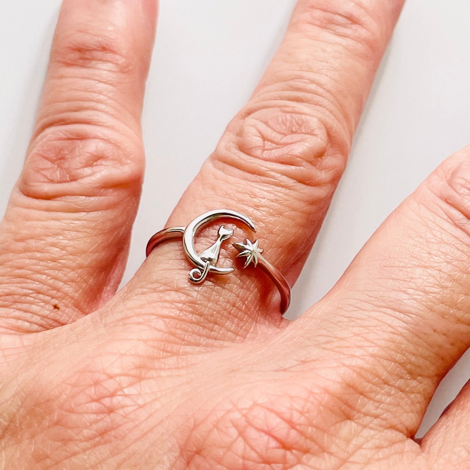 Sterling Silver Cat on Moon Ring: Twinkle Star Crescent Ring