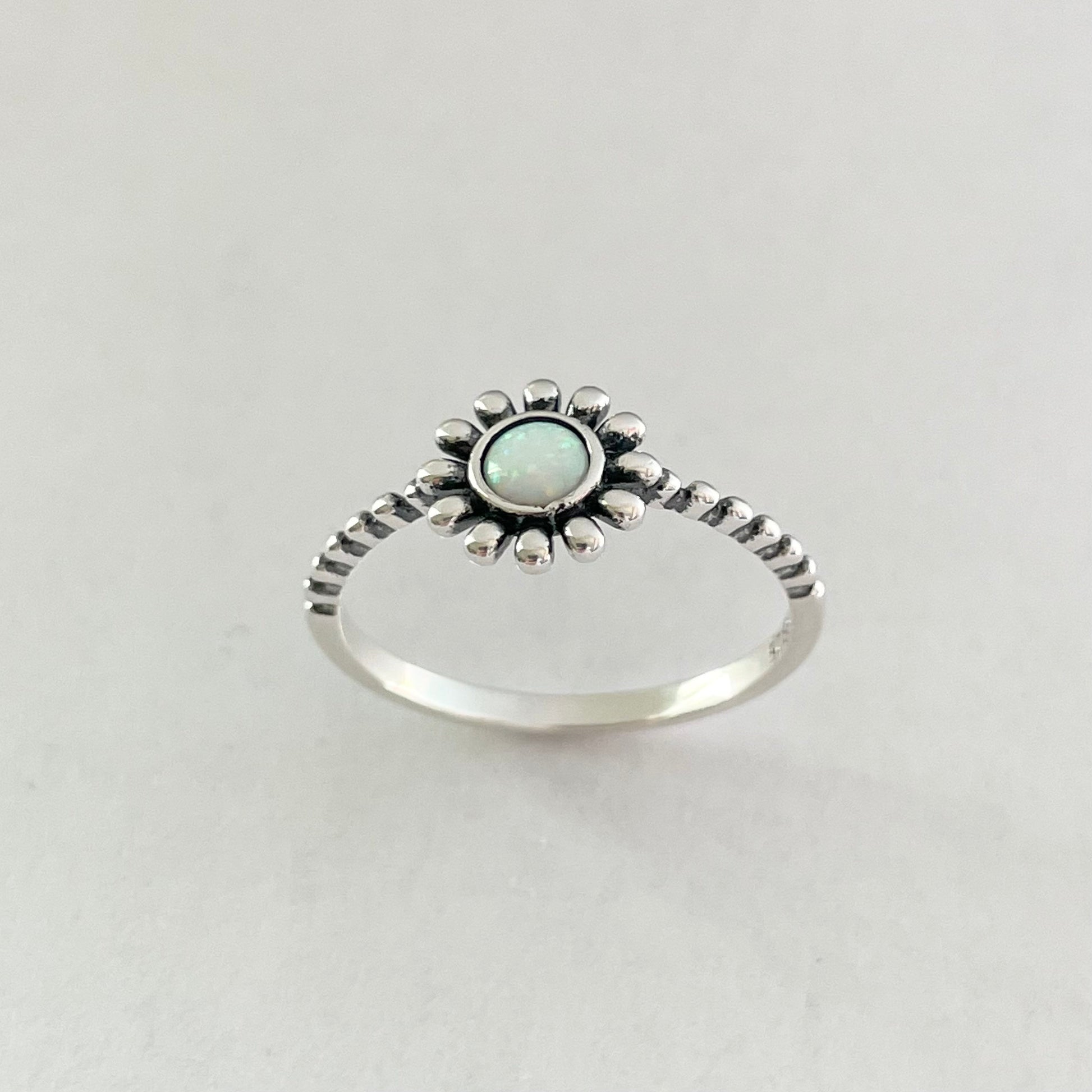 Sterling Silver Daisy with White Lab Opal Ring, Dainty Ring, Daisy Ring, Opal Ring, Boho Ring, Flower Ring, White Opal, Happy Flower Ring