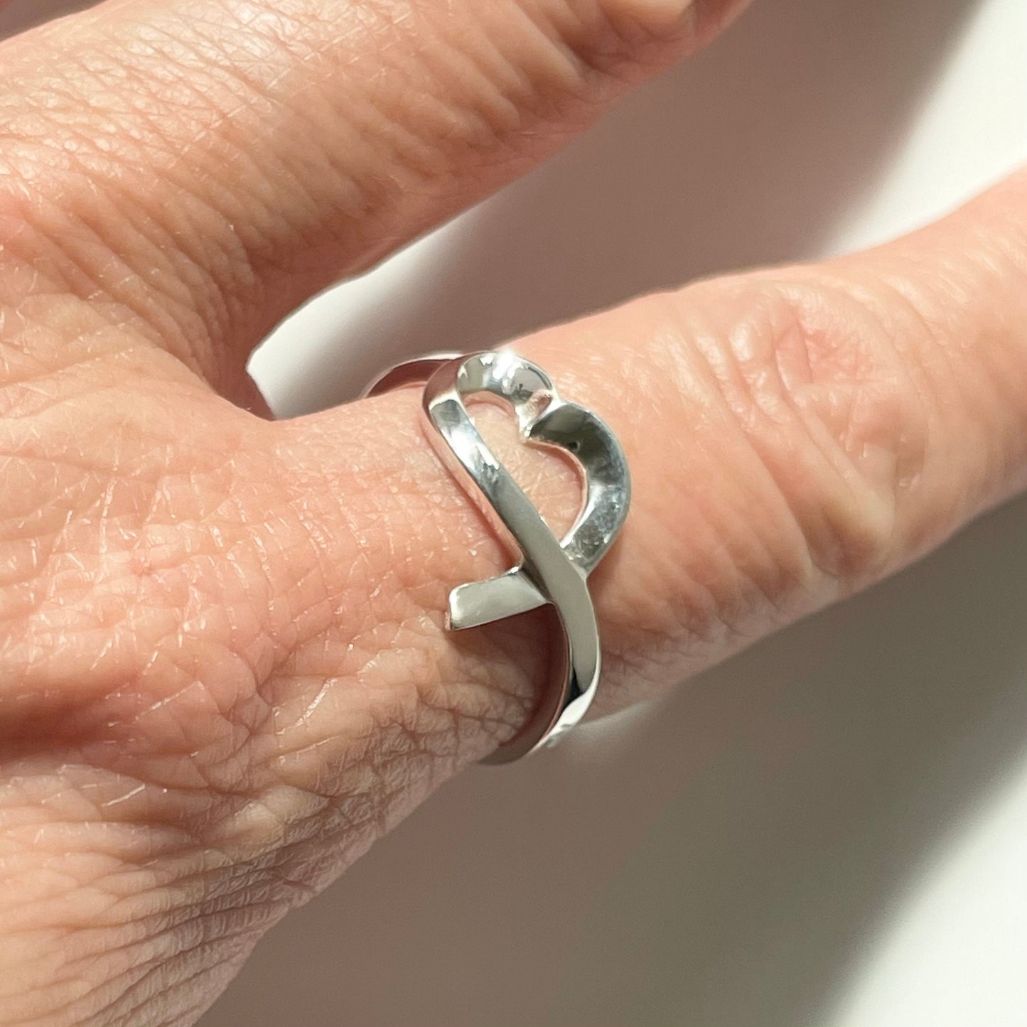 Sterling Silver Open Heart Crossover Ring: Boho Promise Ring
