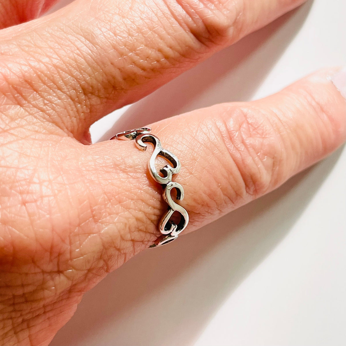 Sterling Silver Sideway Hearts Eternity Ring - Boho Stackable Band