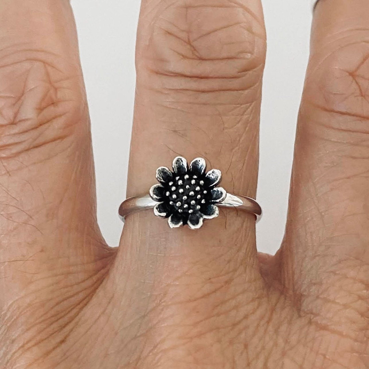 Oxidized Sterling Silver Tiny Sunflower Ring: Boho Flower Jewelry