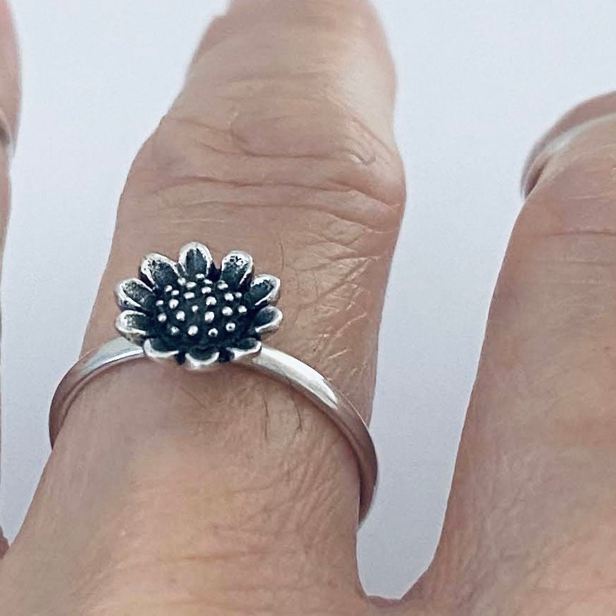 Oxidized Sterling Silver Tiny Sunflower Ring: Boho Flower Jewelry