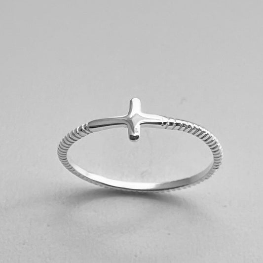 Dainty Sideway Cross Sterling Silver Rope Ring, Silver Religious Ring, Silver Cross Ring, Rope Ring, Promise Cross Ring, Dainty Cross Ring