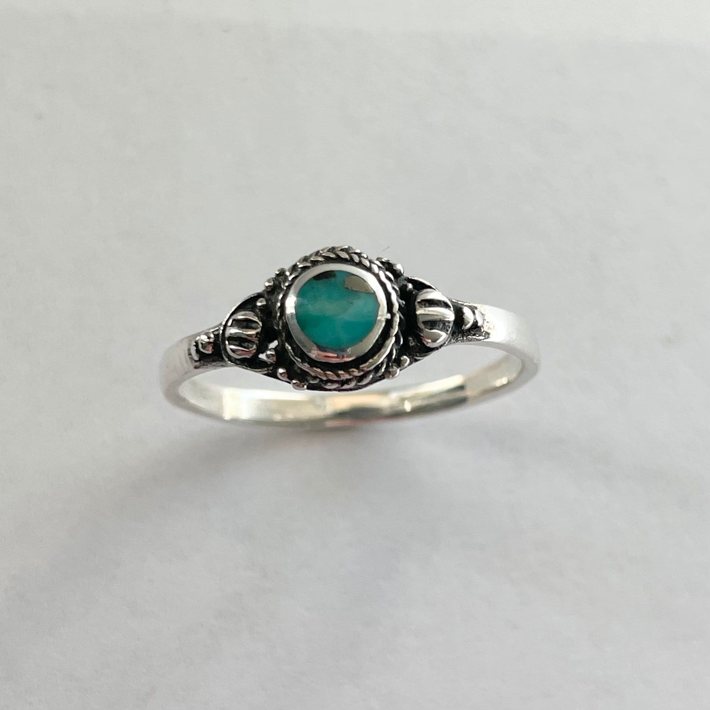 Sterling Silver Small Round Bali Genuine Turquoise Ring, Silver Ring, Boho Ring, Silver Ring, Dainty Ring, Turquoise Ring, Around Ring