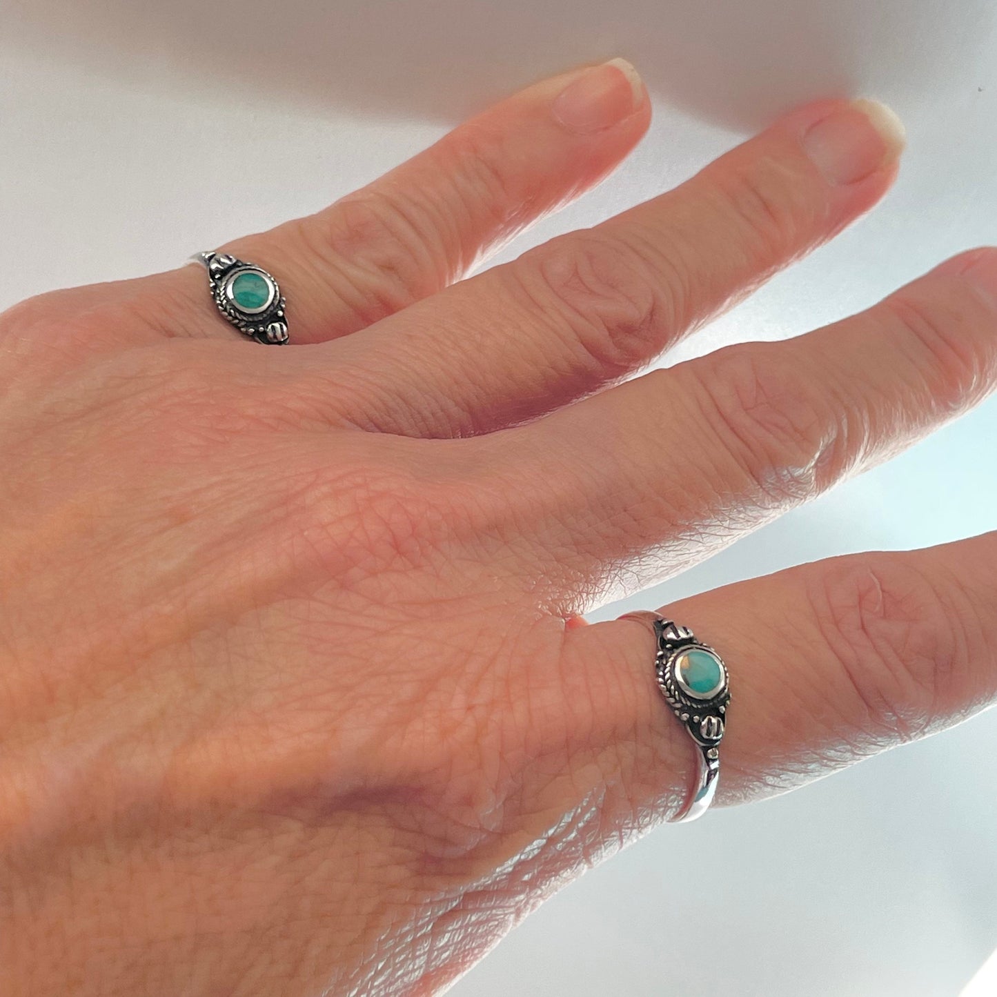 Sterling Silver Bali Turquoise Ring: Dainty Boho Style