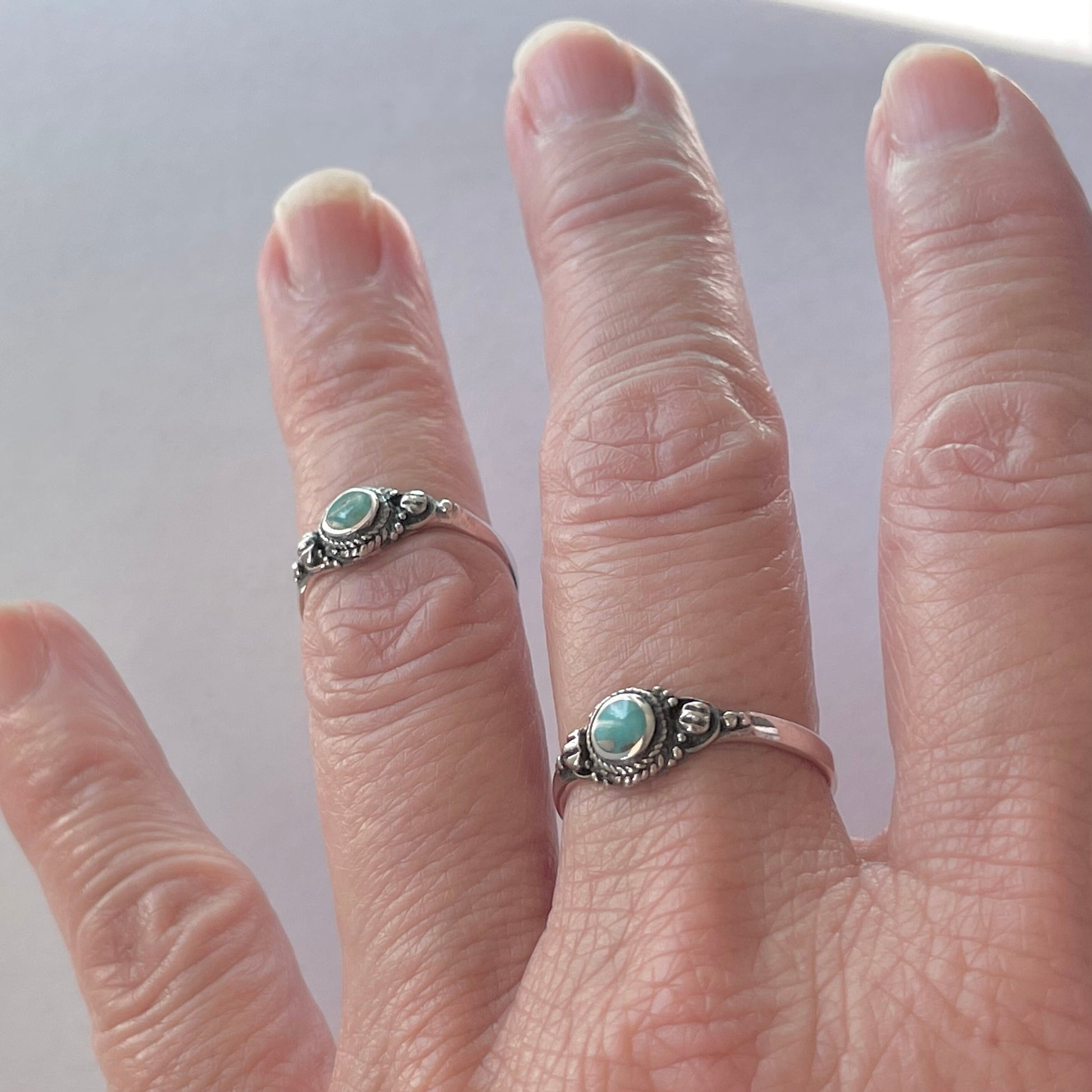 Sterling Silver Small Round Bali Genuine Turquoise Ring, Silver Ring, Boho Ring, Silver Ring, Dainty Ring, Turquoise Ring, Around Ring