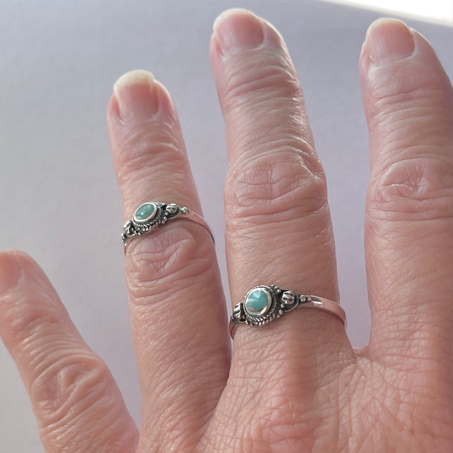 Sterling Silver Bali Turquoise Ring: Dainty Boho Style