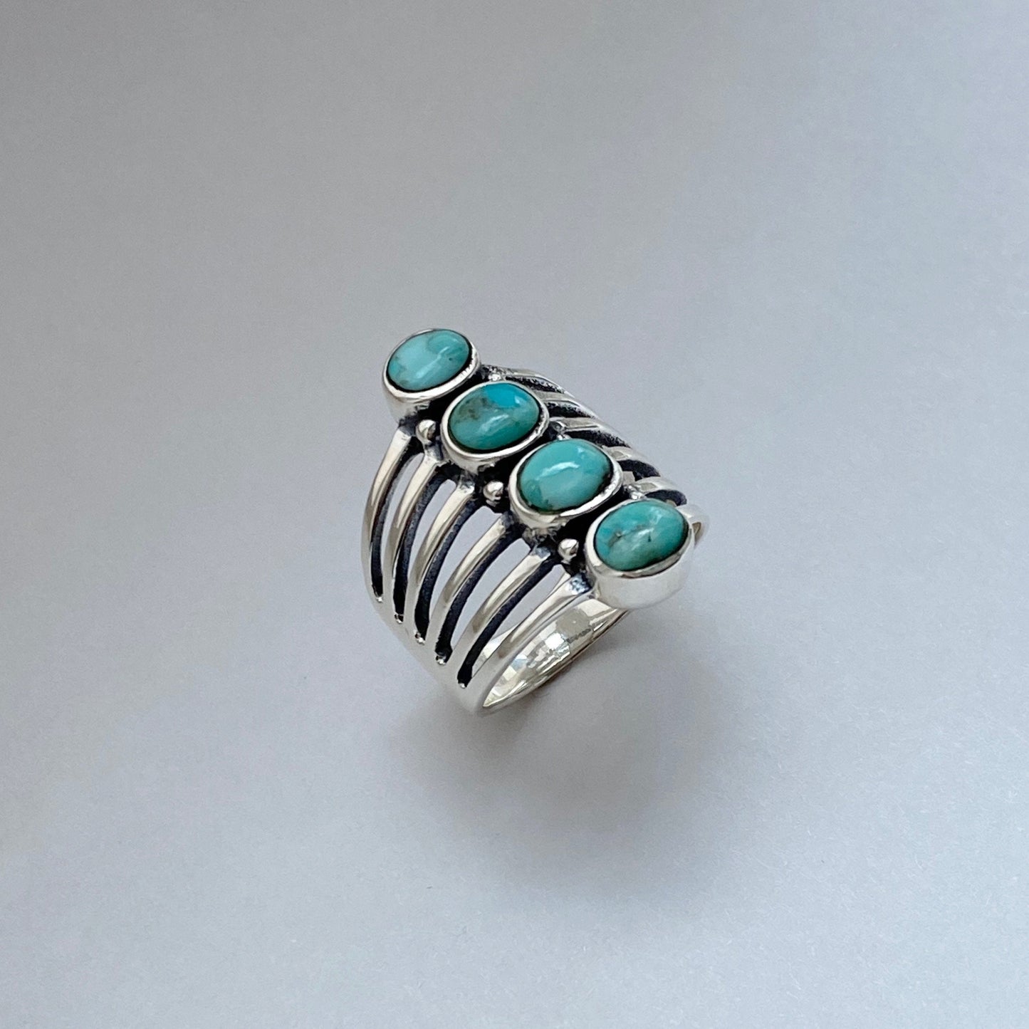 Genuine Turquoise Sterling Silver Ring: Multiple Band Boho Statement Ring