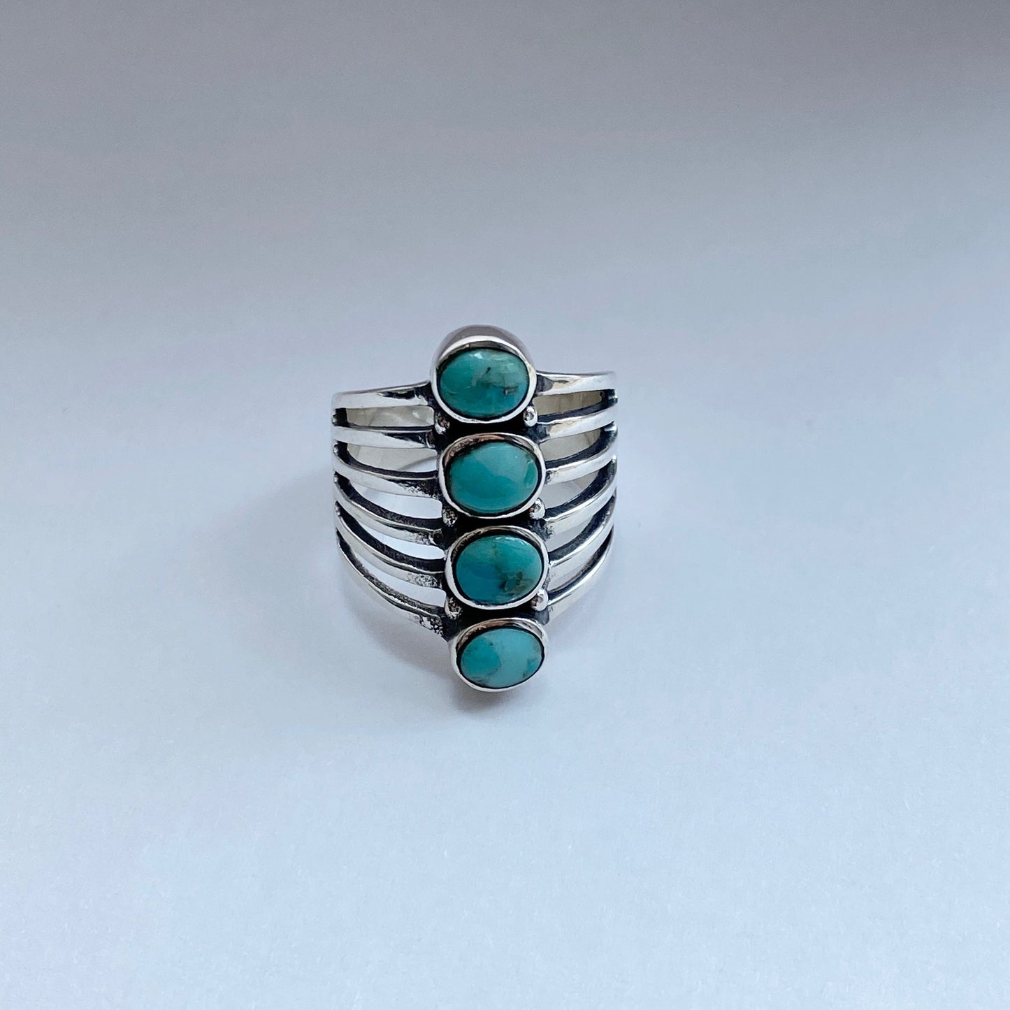 Genuine Turquoise Multiple Band and Stones Sterling Silver Ring, Silver Turquoise Ring, Boho Ring, Silver Turquoise Ring, Statement Ring