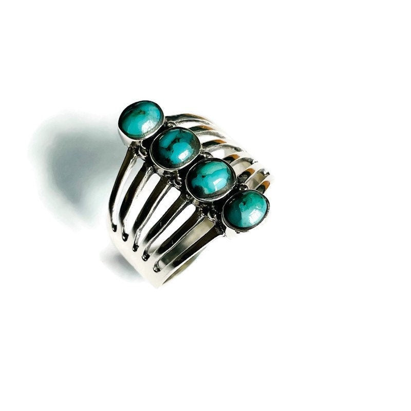 Genuine Turquoise Multiple Band and Stones Sterling Silver Ring, Silver Turquoise Ring, Boho Ring, Silver Turquoise Ring, Statement Ring