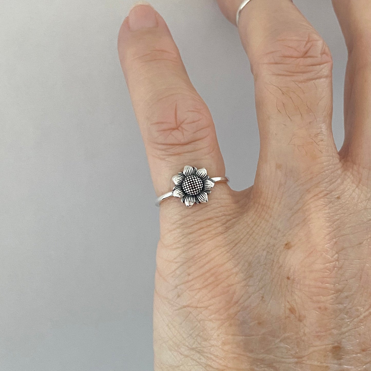 Oxidized Sterling Silver Sunflower Ring: Dainty Floral Boho Ring