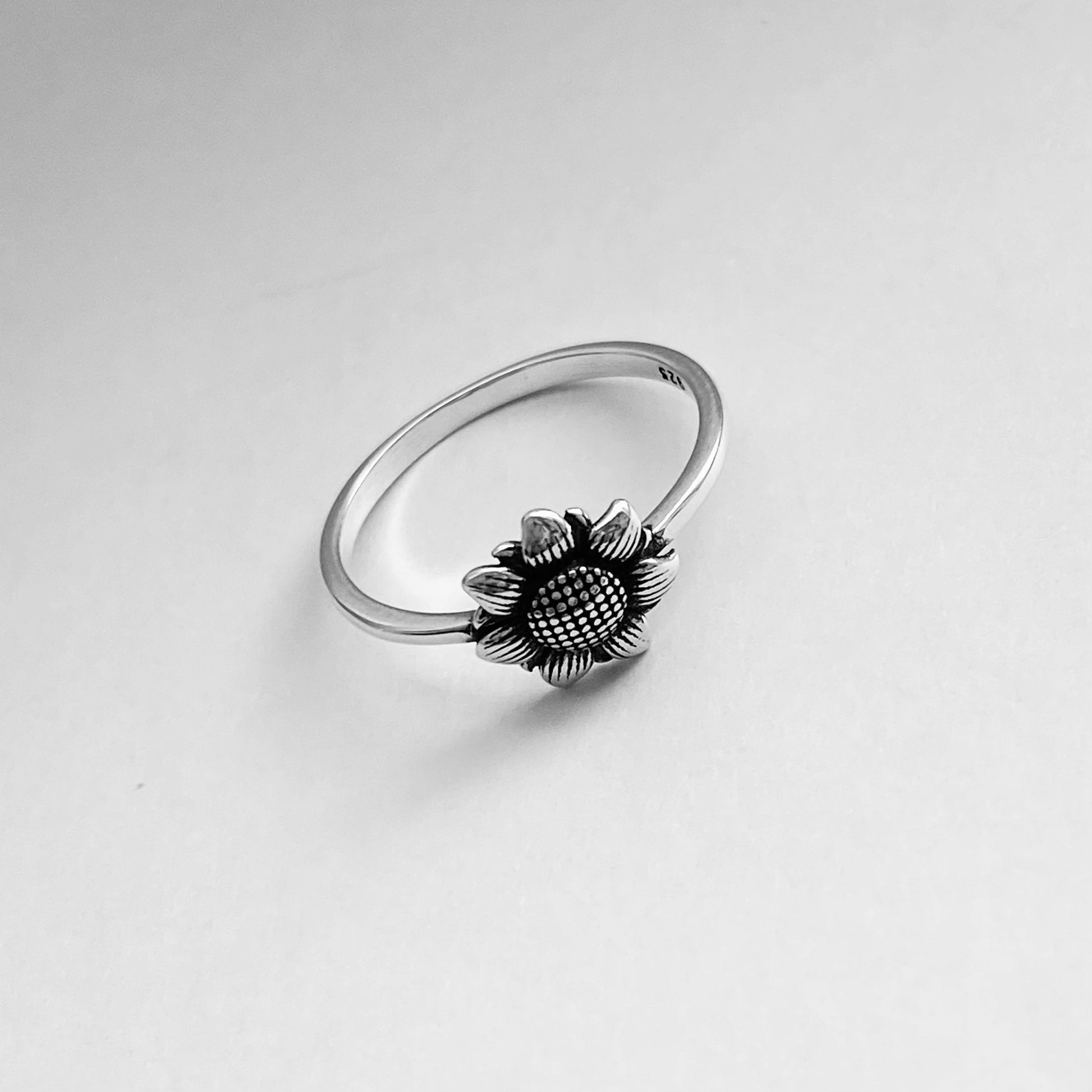 Oxidized Sterling Silver Sunflower Ring: Dainty Floral Boho Ring