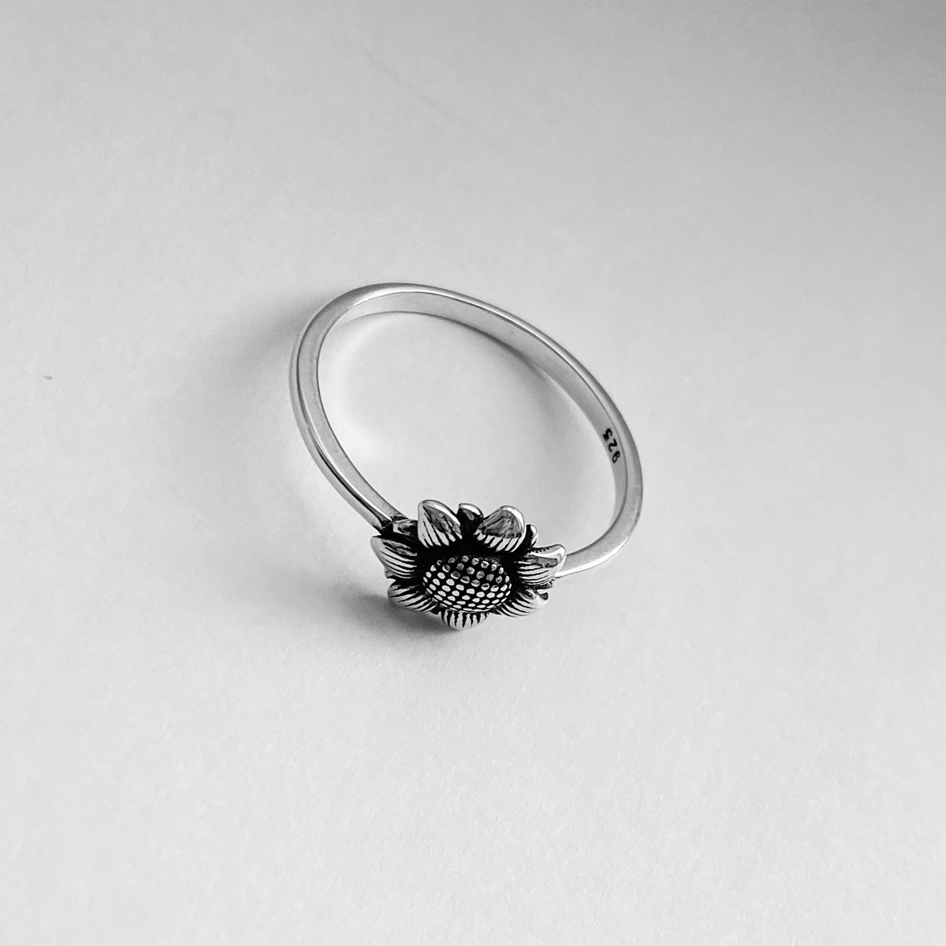 Oxidized Sterling Silver Sunflower Ring: Dainty Floral Boho Ring