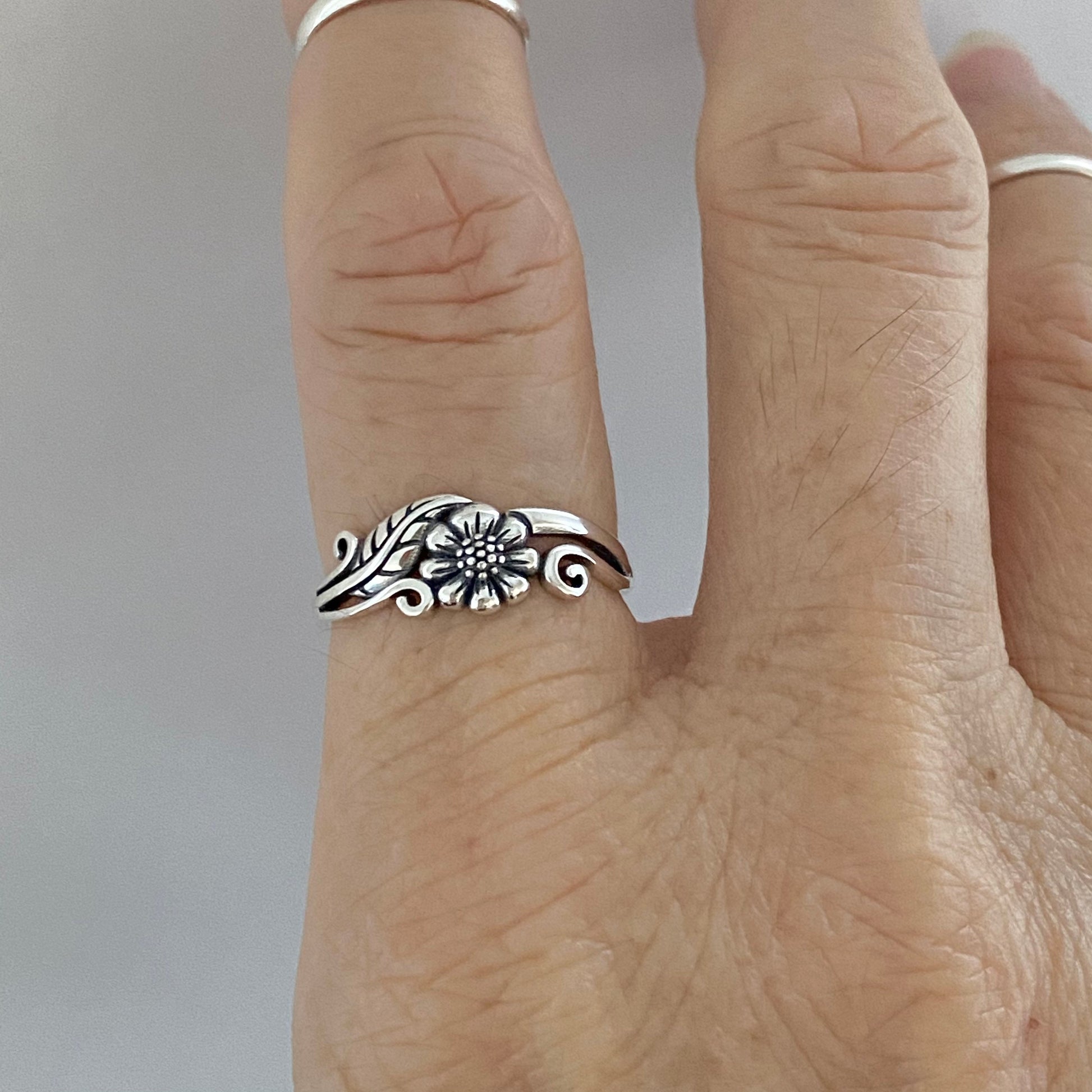 Sterling Silver Sunflower Ring: Dainty Floral Band, Oxidized Finish