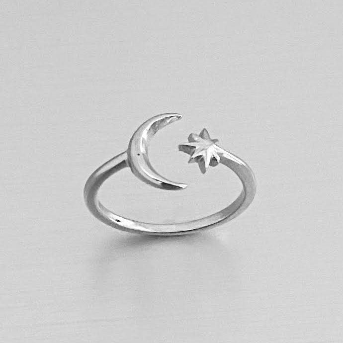 Sterling Silver Star and Moon Ring: Celestial Jewelry