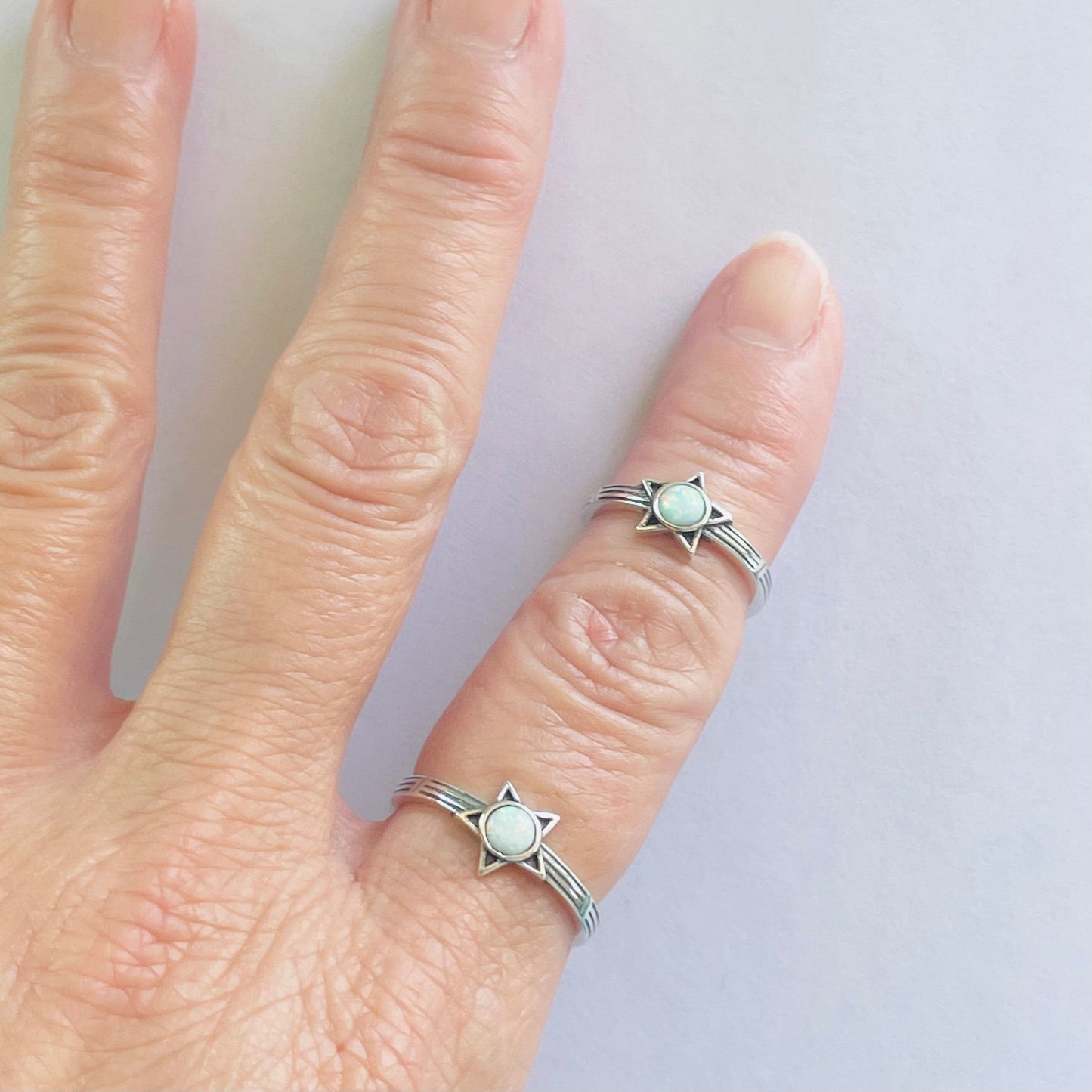Sterling Silver Star Ring: White Lab Opal Boho Jewelry