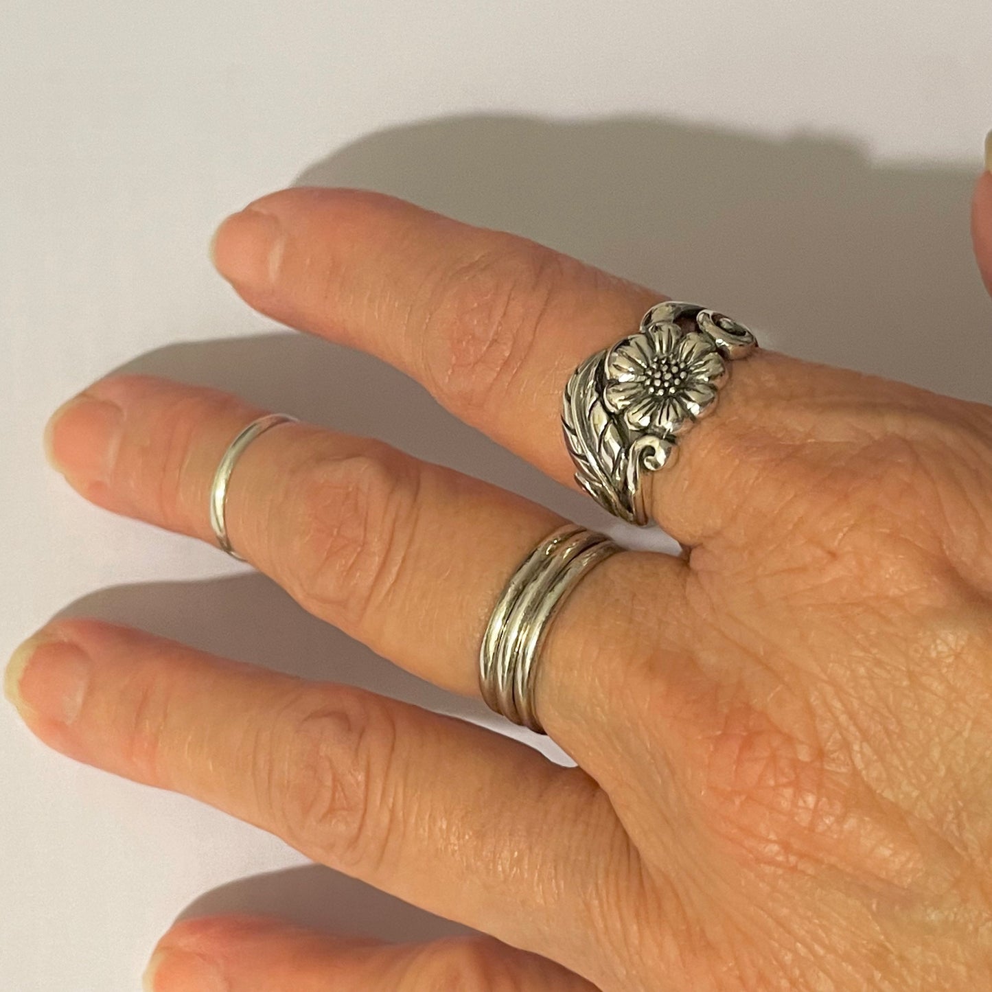 Sterling Silver Sunflower Ring with Leaf: Boho Floral Statement