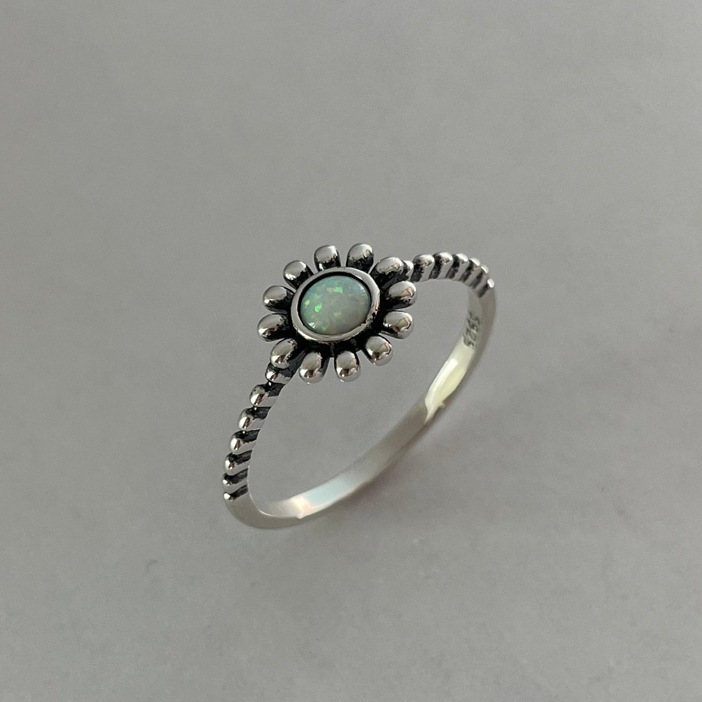 Sterling Silver Daisy with White Lab Opal Ring, Dainty Ring, Daisy Ring, Opal Ring, Boho Ring, Flower Ring, White Opal, Happy Flower Ring