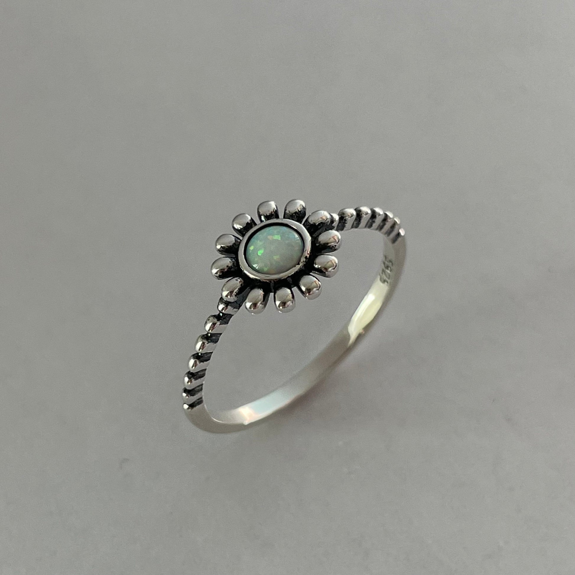 Sterling Silver Daisy with White Lab Opal Ring, Dainty Ring, Daisy Ring, Opal Ring, Boho Ring, Flower Ring, White Opal, Happy Flower Ring