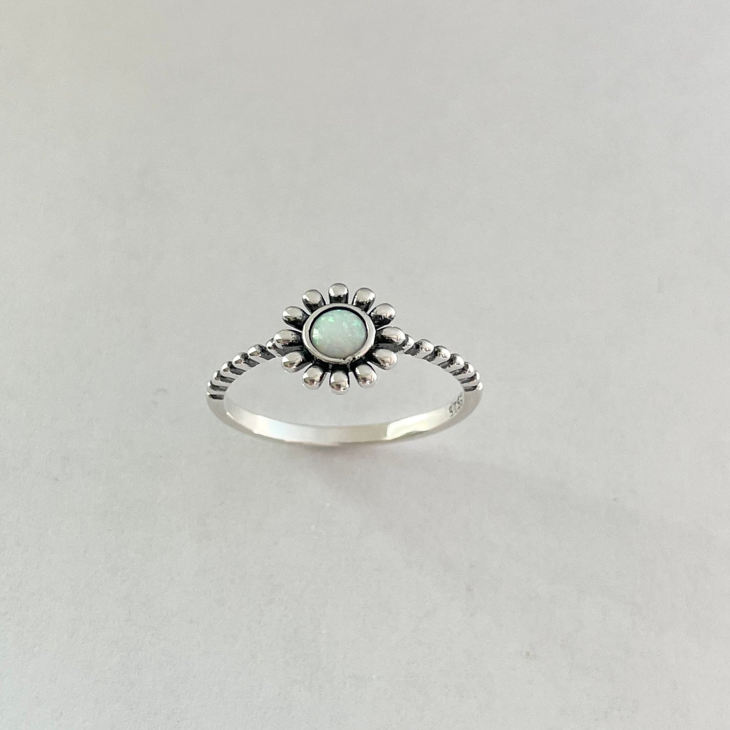 Sterling Silver Daisy with White Lab Opal Ring, Dainty Ring, Daisy Ring, Opal Ring, Boho Ring, Flower Ring, White Opal, Happy Flower Ring