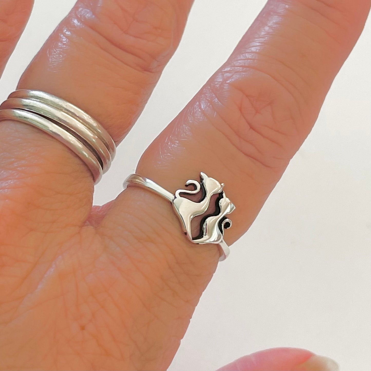 Sterling Silver Cats Ring: Mother Daughter Kitty Jewelry