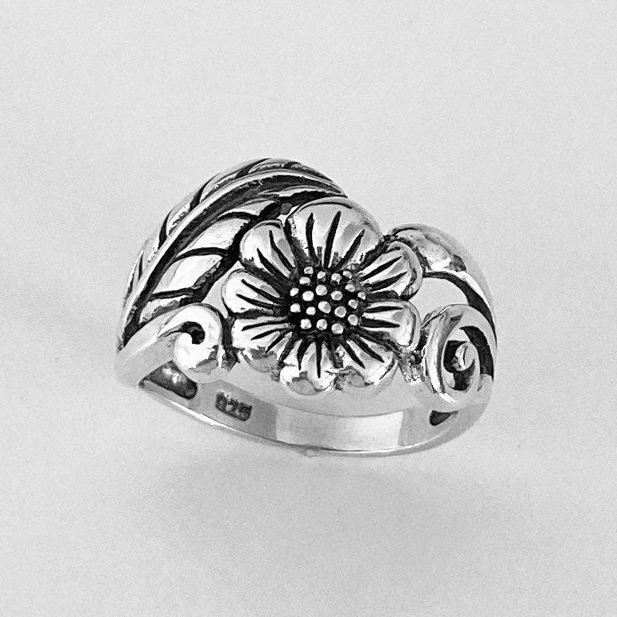 Sterling Silver Large Sunflower Ring with Leaf, Silver Boho Ring, Silver Sunflower Ring, Large Ring, Flower Ring, Large Floral Ring