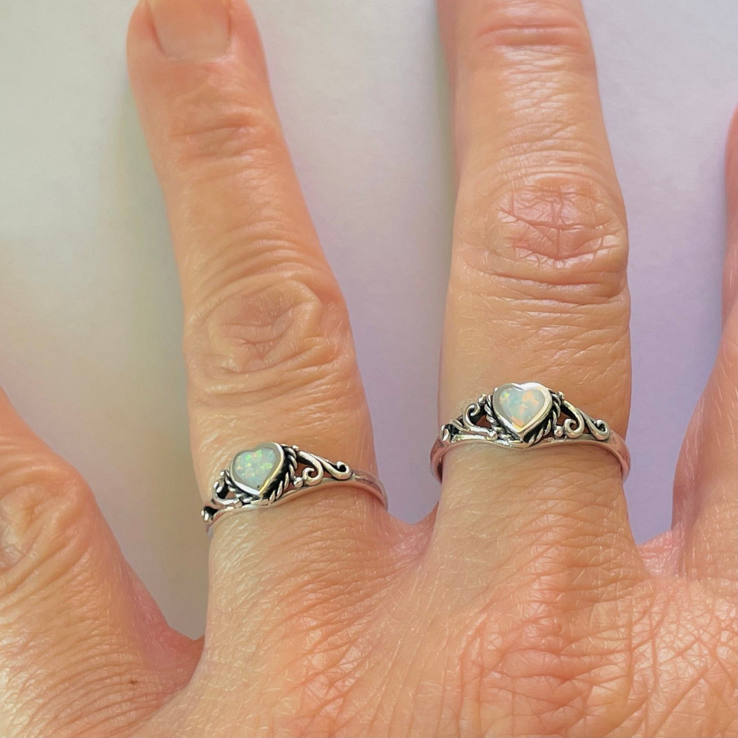Sterling Silver White Lab Opal Heart Ring: Swirl Boho Ring