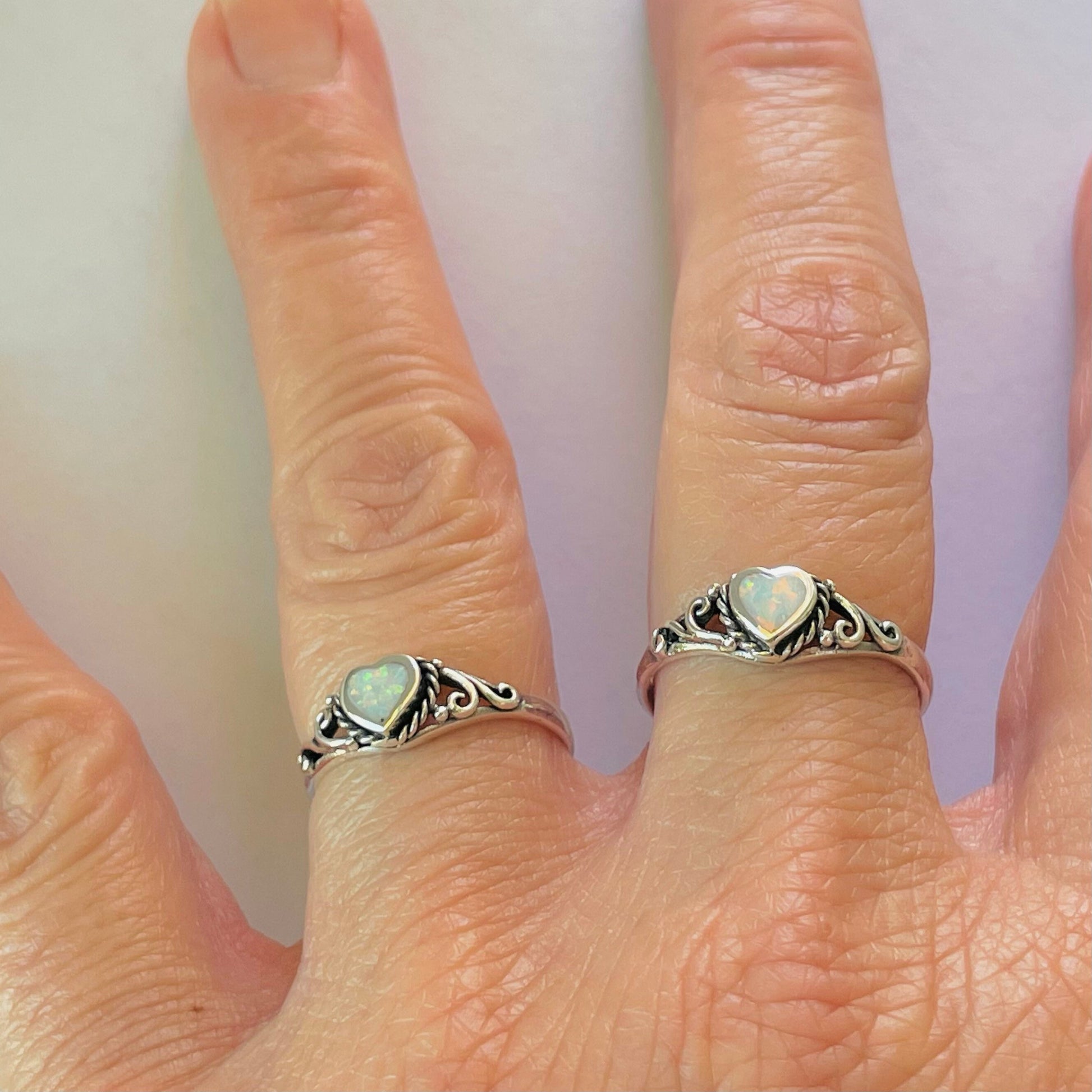 Sterling Silver White Lab Opal Heart Ring: Swirl Boho Ring