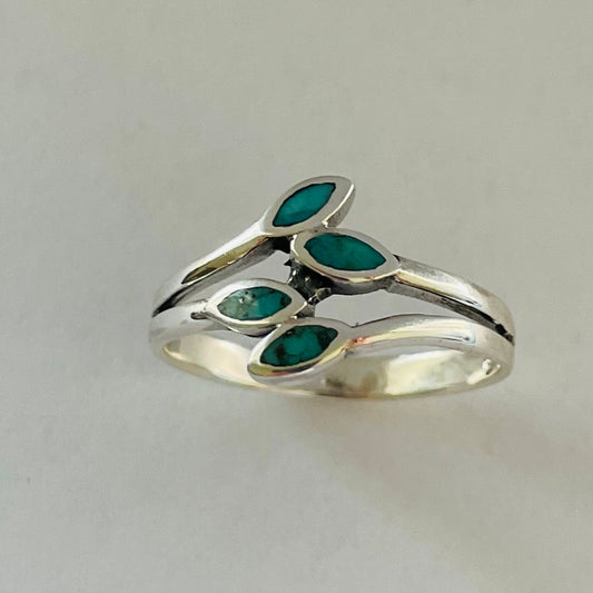 Sterling Silver Simulated Turquoise Leaf Ring: Boho Statement Jewelry