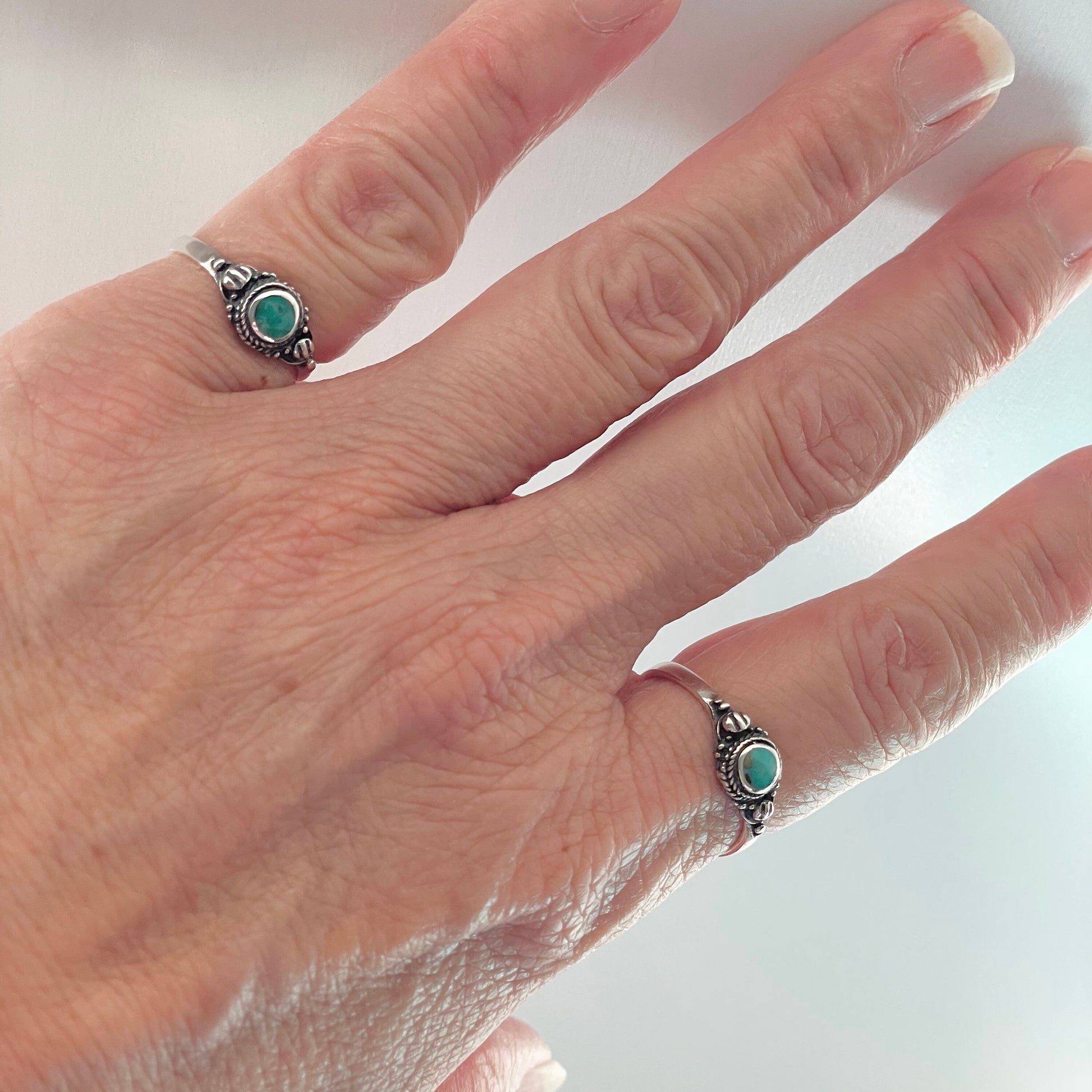 Sterling Silver Small Round Bali Genuine Turquoise Ring, Silver Ring, Boho Ring, Silver Ring, Dainty Ring, Turquoise Ring, Around Ring