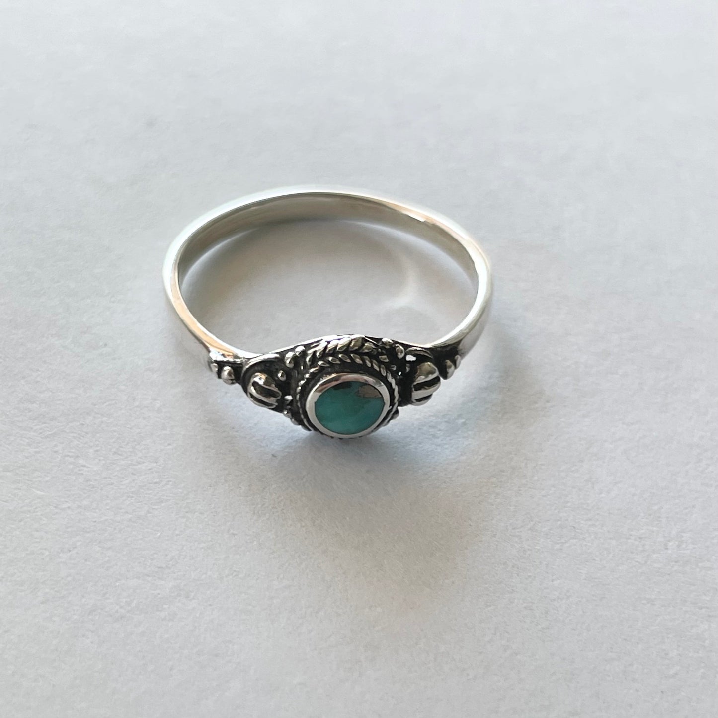 Sterling Silver Small Round Bali Genuine Turquoise Ring, Silver Ring, Boho Ring, Silver Ring, Dainty Ring, Turquoise Ring, Around Ring