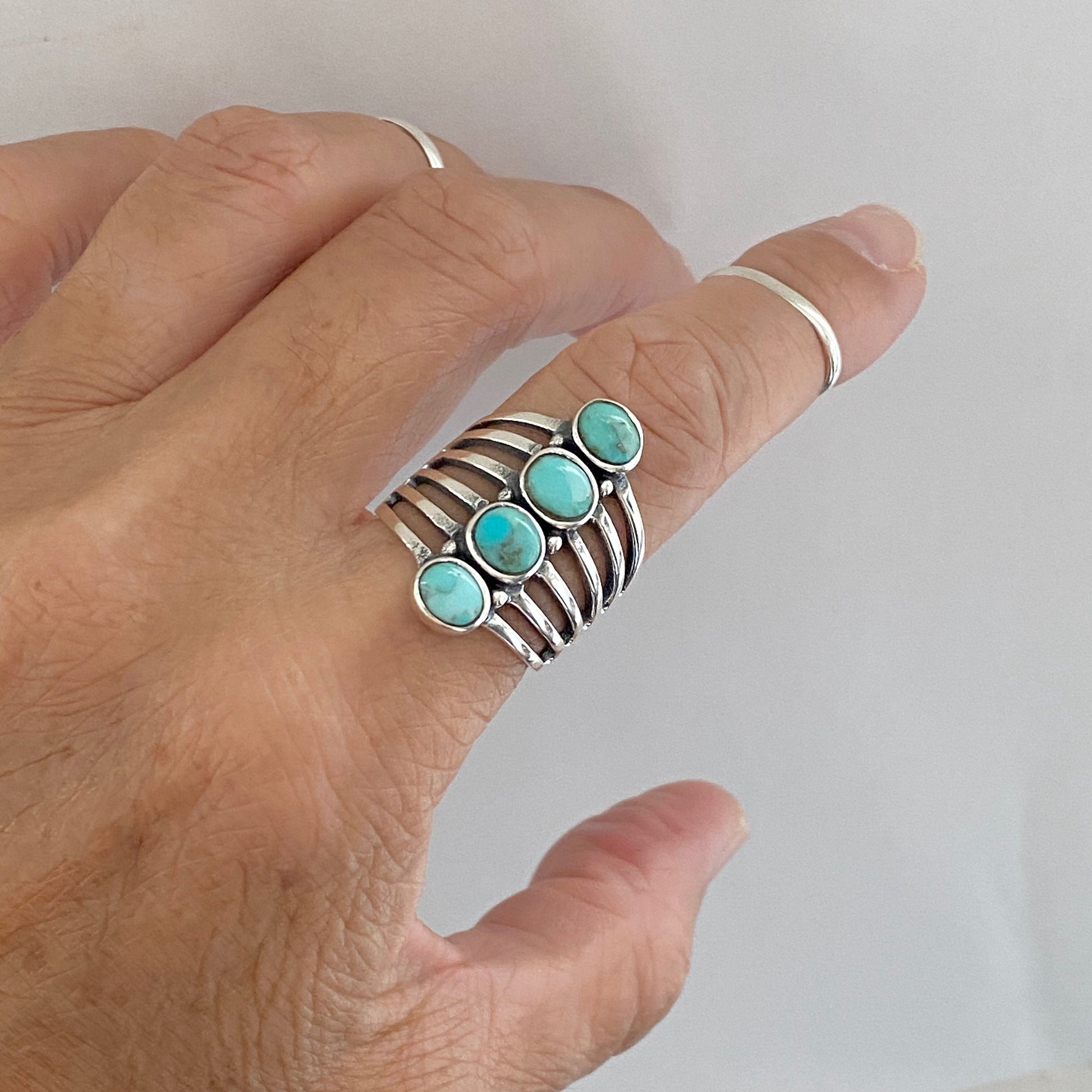 Genuine Turquoise Multiple Band and Stones Sterling Silver Ring, Silver Turquoise Ring, Boho Ring, Silver Turquoise Ring, Statement Ring